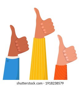 Flat vector illustration of hands showing thumbs up. The concept of public approval, audience recognition, and positive opinion. Isolated design on a white background.