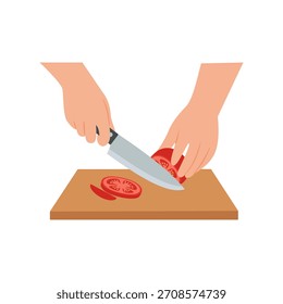 Flache Vektorgrafik von Händen, die eine Tomate auf einem Holzspanbrett schneiden.
