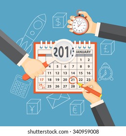 Flat  vector illustration. Hands with  stopwatch, magnifier, pencil  and calendar january 2016 on the background with hand drawn business symbols. EPS 10.