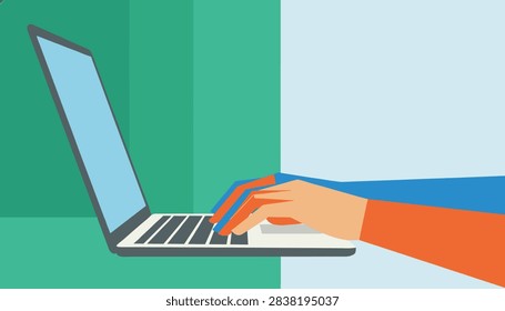 Flat vector illustration of hands typing on a laptop keyboard over a modern split green and blue background.
