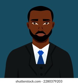 Flat vector illustration of a handsome African American businessman in a classic business suit on a plain background. All elements are isolated from one another