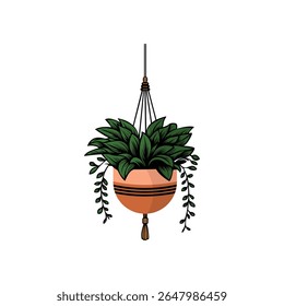 Flat vector illustration of a hanging potted plant with trailing leaves. Minimalist indoor plant in a decorative hanging pot, isolated on white background. Perfect for botanical and home decor projec.
