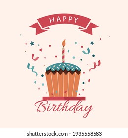 Flat vector illustration of happy birthday cake. Birthday cake with candles and confetti. Happy Birthday greeting card. Anniversary desserts with a candle.