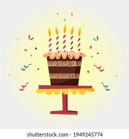 Ilustración plana vectorial de feliz cumpleaños. Torta de cumpleaños con velas y confeti. Aislado sobre fondo blanco. Tarjeta de cumpleaños. Postres del aniversario con velas de fondo azul