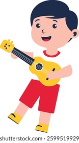 Flat vector illustration of a happy boy playing a ukulele in a cute, minimalist design.

