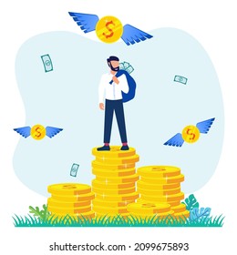Flat vector illustration of happy business man getting cash. Save money, get high income profit.