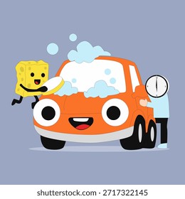 Ilustración vectorial plana de un coche de dibujos animados feliz que se lava con agua y jabón.