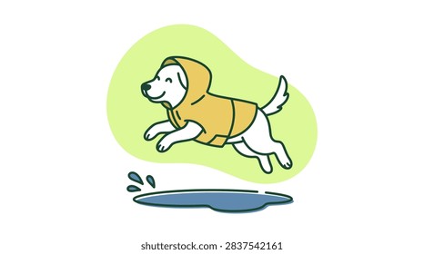 Flat vector illustration of a happy cartoon dog in a yellow raincoat jumping over a water puddle.