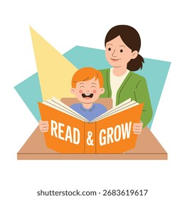Flat Vector Illustration of Happy Child Reading Book with Supportive Teacher – Education and Learning Awareness Design