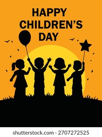 Ilustración vectorial plana de niños felices celebrando el Día del Niño al atardecer. Cuenta con cuatro niños sosteniendo globos y una varita de estrella, de pie en una colina cubierta de hierba con confeti, pájaros y un cálido resplandor