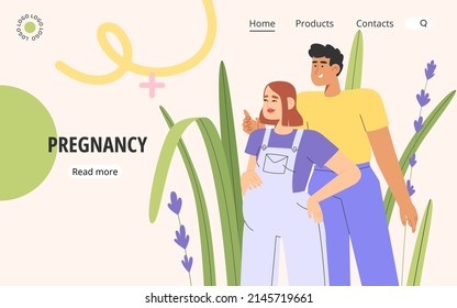 Flat vector illustration with happy couple planning a pregnancy. Concept of childbirth or search for a gynecologist.