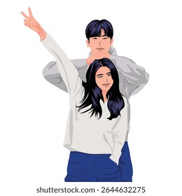 Vetor plano ilustração de um casal feliz posando juntos. A mulher está fazendo um sinal de paz, enquanto o homem fica atrás dela com as mãos descansando em sua cabeça. Ambos estão sorrindo e vestindo casual