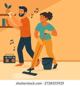 Flache Vektorgrafik eines glücklichen Paares, das zusammen Haus putzt und Musik hört. Mann staubt Regale und Frau Wischboden während der Hausreinigung. Hausreinigung, häusliche Routine und Teamwork-Konzept für Reinigungsdienste, Lifestyle-Blogs und Websites.
