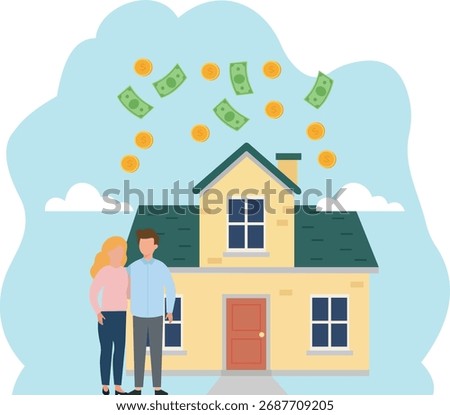 Flat vector illustration of a happy couple standing in front of their new house with money falling from above, symbolizing real estate investment, financial success, home ownership, mortgage, and weal