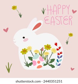 Flat vector illustration of Happy Easter wishes greeting, easter rabbit, easter eggs and spring flowers on a pink background