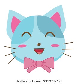 Flat vector illustration. A happy face of a cute blue cat on a white background.