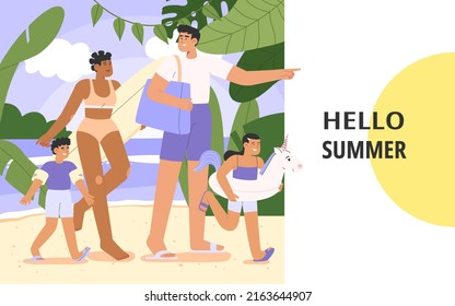 Flat vector illustration with happy family on vacation. Summer vacation banner concept on a tropical island or seaside resort.