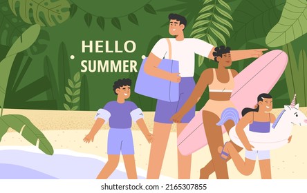 Flat vector illustration with happy family on vacation. Summer vacation banner concept on a tropical island or seaside resort.