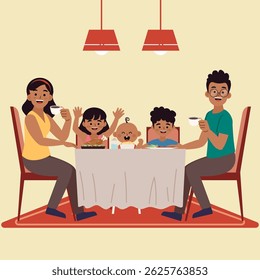 Flat vector illustration of a happy family with three children enjoying a meal together at home. Perfect for parenting, family bonding, baby care, dinner time, and multicultural family concepts.