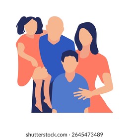 Flat vector illustration of a happy family: mom, dad, children. Son and daughter. The family is standing next to each other and hugging