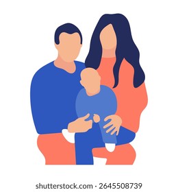 Flat vector illustration of a happy family: mom, dad, child. Son. The family is standing next to each other and hugging