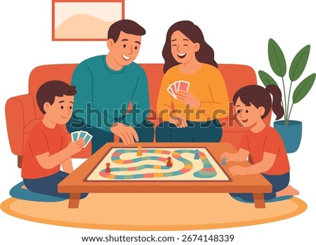 Flat vector illustration of a happy family enjoying game night at home. Parents and kids play board and card games together, symbolizing quality time, family bonding, and cozy home activities.