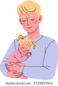 Ilustração vetorial plana de um pai feliz com os olhos fechados segurando sua filha bebê adormecida em seus braços. Conceito de amor paterno, cuidado e família