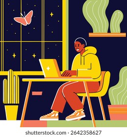 Flat vector illustration of a happy freelancer working on a laptop at night. Cozy room with indoor plants and starry window. Perfect for remote work, freelance lifestyle, nighttime productivity, home 