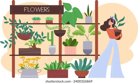 Flat vector illustration. Happy girl in a flower shop with a purchased plant in her hands.