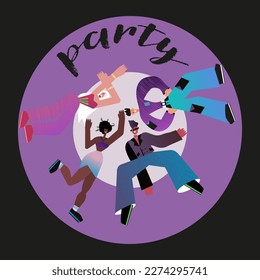 Ilustración vectorial plana. Felices niñas y niños bailando en fiesta nocturna de vacaciones. Amigos divirtiéndose juntos. Grupo de personajes jóvenes de la moda, celebrando el evento con alegría. 