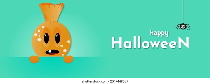 Flat vector illustration. Happy halloween banner. Halloween background with white ghost, black cat, witch, spider and flying bats.