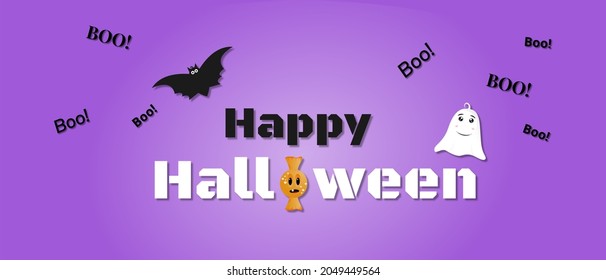 Flat vector illustration. Happy halloween banner. Halloween background with white ghost, black cat, witch, spider and flying bats.