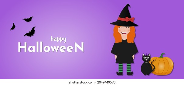 Flat vector illustration. Happy halloween banner. Halloween background with white ghost, black cat, witch, spider and flying bats.