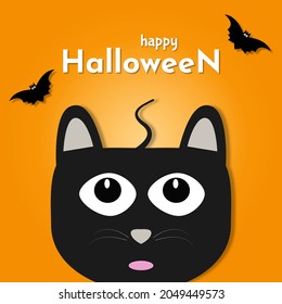 Flat vector illustration. Happy halloween banner. Halloween background with white ghost, black cat, witch, spider and flying bats.
