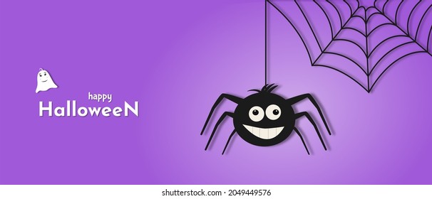 Flat vector illustration. Happy halloween banner. Halloween background with white ghost, black cat, witch, spider and flying bats.