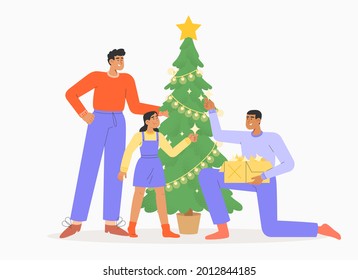 Flat vector illustration with happy homosexual family preparing for Christmas and the New year. Two dads and their daughter decorating the Christmas tree.
