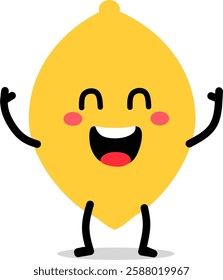 Flat vector illustration of a happy lemon character with a big smile and raised hands. Perfect for representing joy, positivity, success, or cheerful emotions.