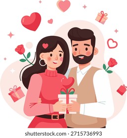 Uma ilustração vetorial plana de um casal feliz e amoroso comemorando o Dia de São Valentim. O casal romântico está segurando um presente cercado por corações, rosas e elementos de amor festivo. Cores pastel macias e estilo vetorial moderno limpo tornam esta ilustração perfeita para cartões de saudação, postagens de mídias sociais, cartazes, banners, adesivos e projetos de marketing romântico.