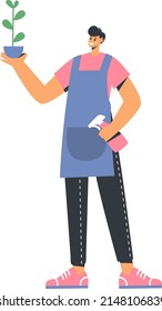 Flat vector illustration. A happy male gardener is holding a flower in a pot. Spraying the plant with a sprayer. Positive Florist. 
