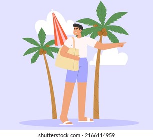 Flat vector illustration with happy male character on vacation. Summer vacation banner concept on a tropical island or seaside resort.