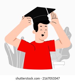Flat vector illustration of a happy male graduating. 