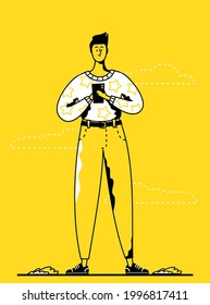 Ilustración vectorial plana. Un hombre feliz sosteniendo un teléfono. Un tipo en la calle mirando su teléfono. Registro en programas móviles. 