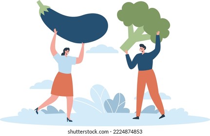 Flat vector illustration. Happy man and woman holding large vegetables. The concept of healthy eating 