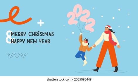 Flat vector illustration with a happy mother and daughter holding balloons with 2022 numbers. Concept of Christmas and New Year celebrations web banner, greeting card or flyer.