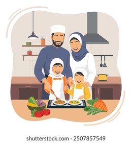 Flat Vector Illustration of a Happy Muslim Family Cooking  In Kitchen Together, Cheerful Muslim Mom, Dad And Little Daughter Enjoying Preparing Lunch At Home