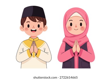 Ilustración vectorial plana de un niño musulmán feliz con peci y una niña con hiyab realizando un saludo o oración amistosa.