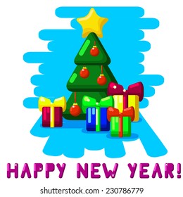 Flat Vector Illustration Happy New Year Xmas Tree gifts Balls Card for Design, Website, Background Banner. Merry Christmas Cartoon Funny Template