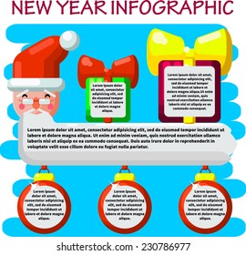 Flat Vector Illustration Happy New Year Infographic Concept with gifts Balls Santa Card for Design, Website, Background Banner. Merry Christmas Cartoon Funny Template for your text