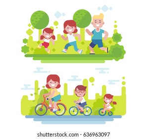 Flat vector illustration with happy parents and children involving in sport activities – riding a bicycle, Jogging in the park. Vector illustration in a flat style.