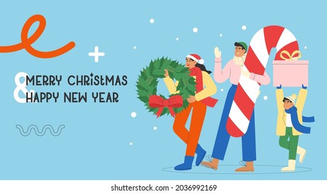 Flat vector illustration with a happy people preparing for winter holidays. Concept of Christmas and New Year celebrations web banner, greeting card or flyer.